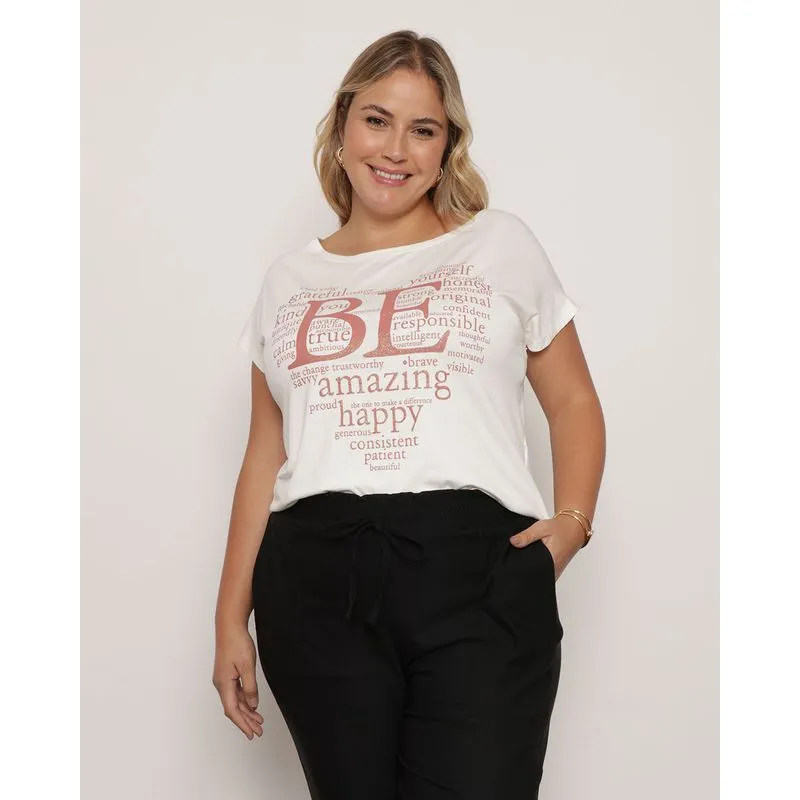 Blusa Plus Size Feminina Manga Curta Estampa Glitter Off White G1