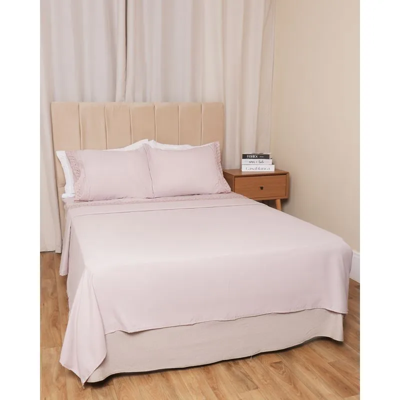 Jogo De Cama Queen 4 Peças Appel Bordare Com Renda Rosa UN