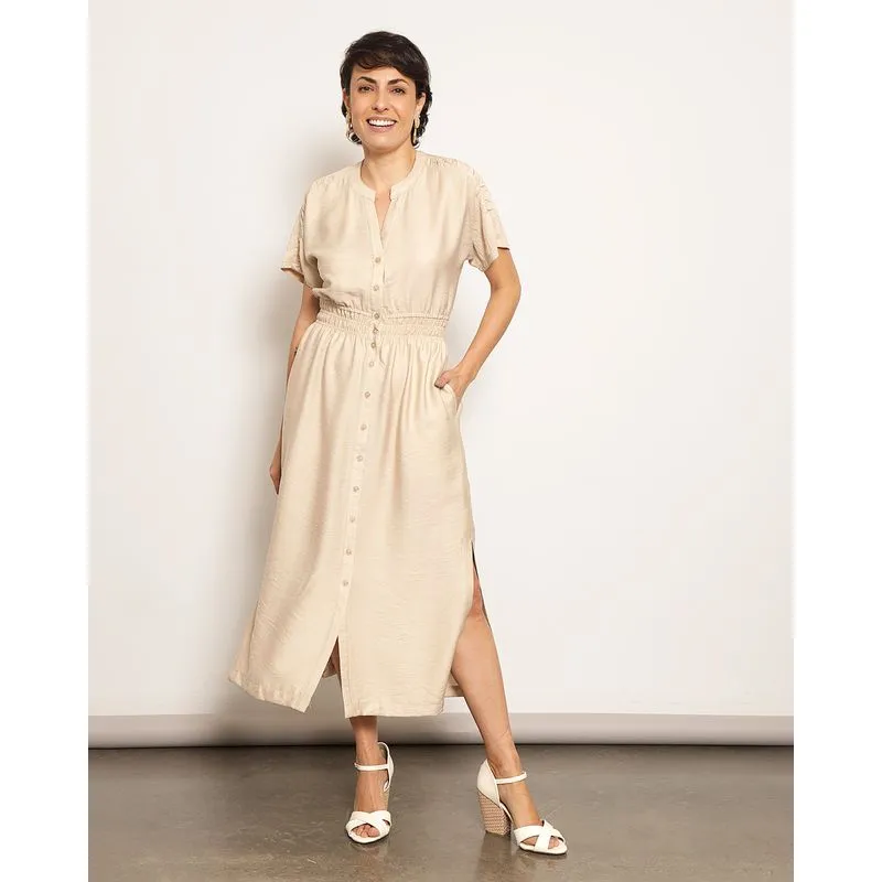 Vestido Feminino Midi Com Bolso Lateral Manga Curta Bege GG