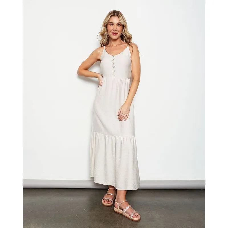 Vestido Feminino Longo Recorte com Botões Alcinha Ajustáveis Bege P