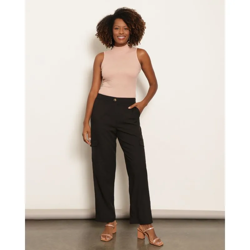 Calça Feminina Reta Bolso Cargo Preta GG