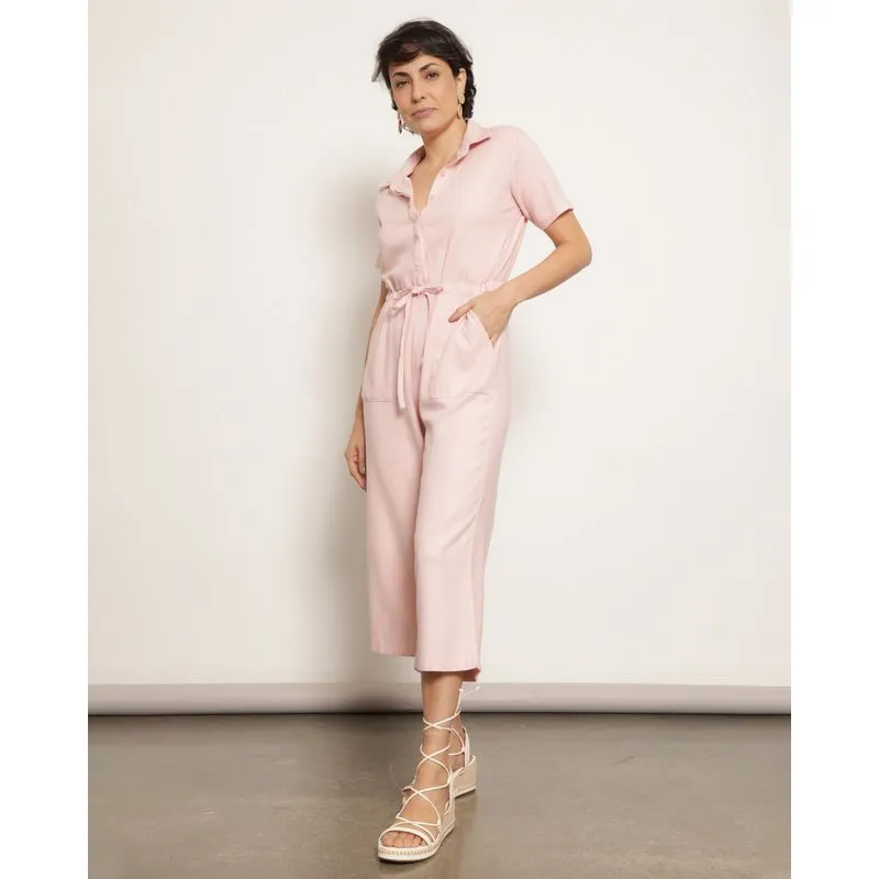 Macacão Feminino Midi Manga Curta Linho Rosa M