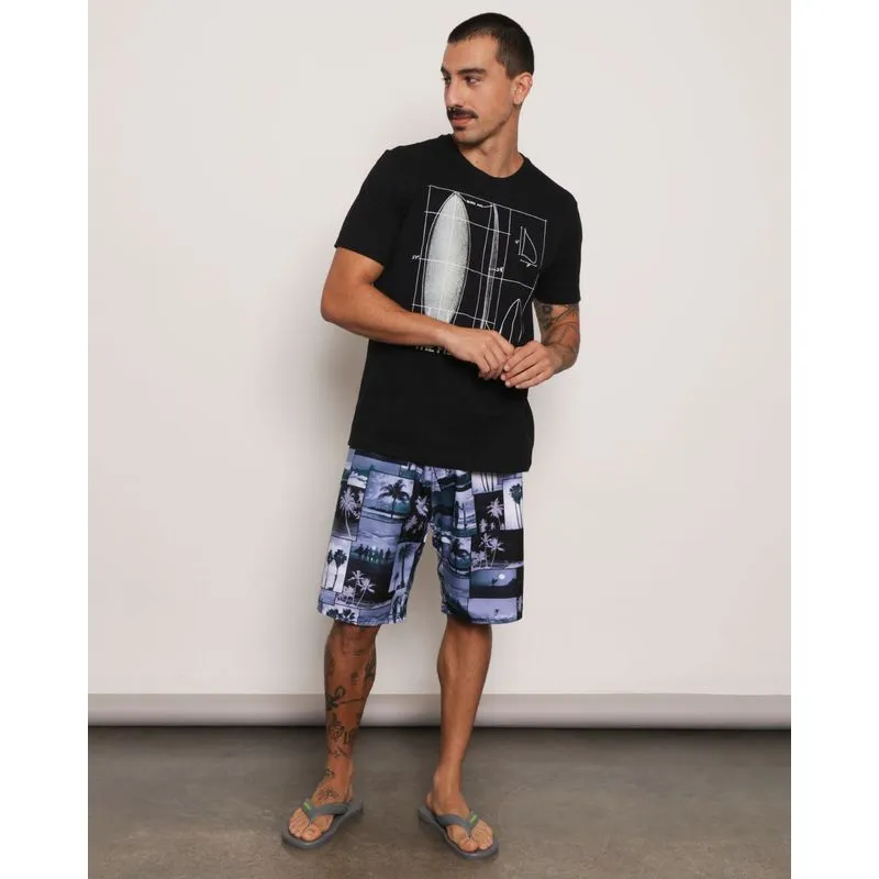 Bermuda Masculina Reta Surf Com Estampa Tropical Lilás 42