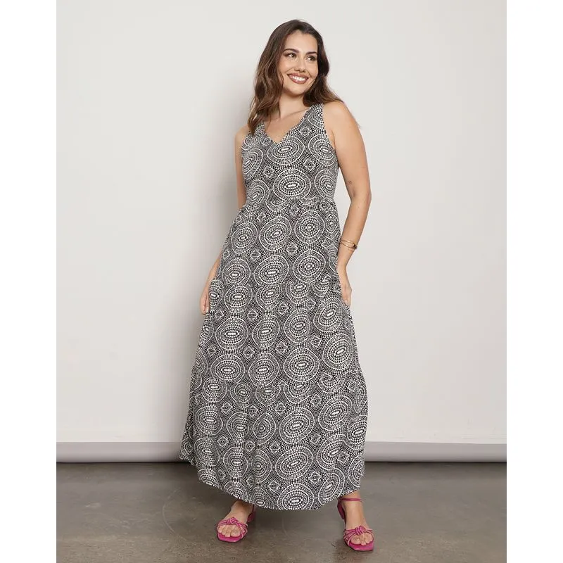 Vestido Feminino Berry & Co. Três Marias Estampa Geométrica Preto G