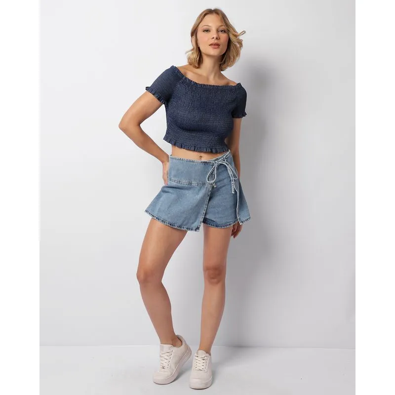 Short Saia Jeans Feminino Transpassado Azul 34