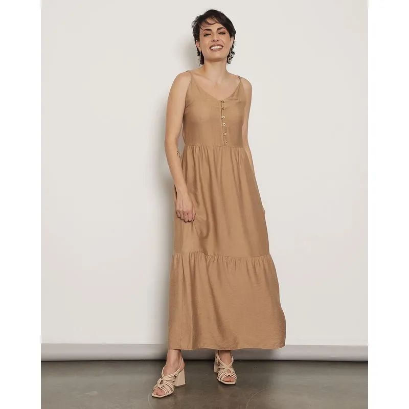 Vestido Feminino Longo Recorte com Botões Alcinha Ajustáveis Bege Médio GG