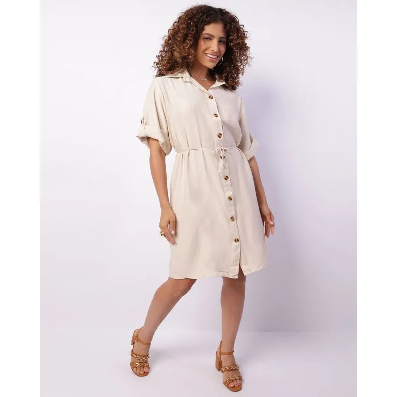 Vestido Chemise Feminino Midi Berry & Co. Manga 3/4 Bege G