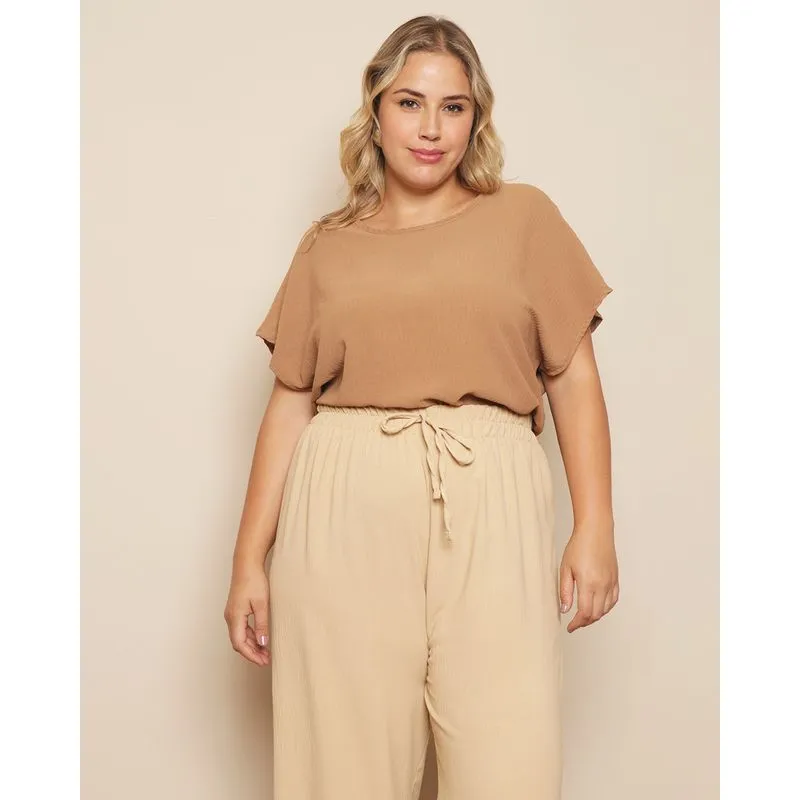 Blusa Plus Size Feminina Duna Manga Curta Bege G3