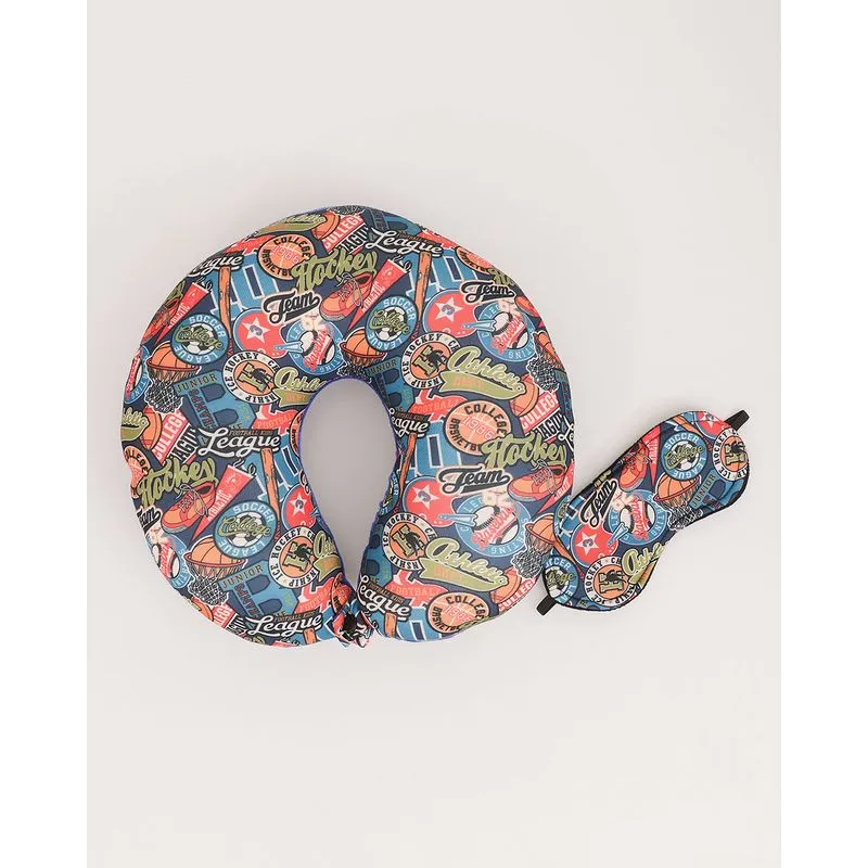 Almofada de Pescoço com Tapa Olho Estampado Azul Escuro UN
