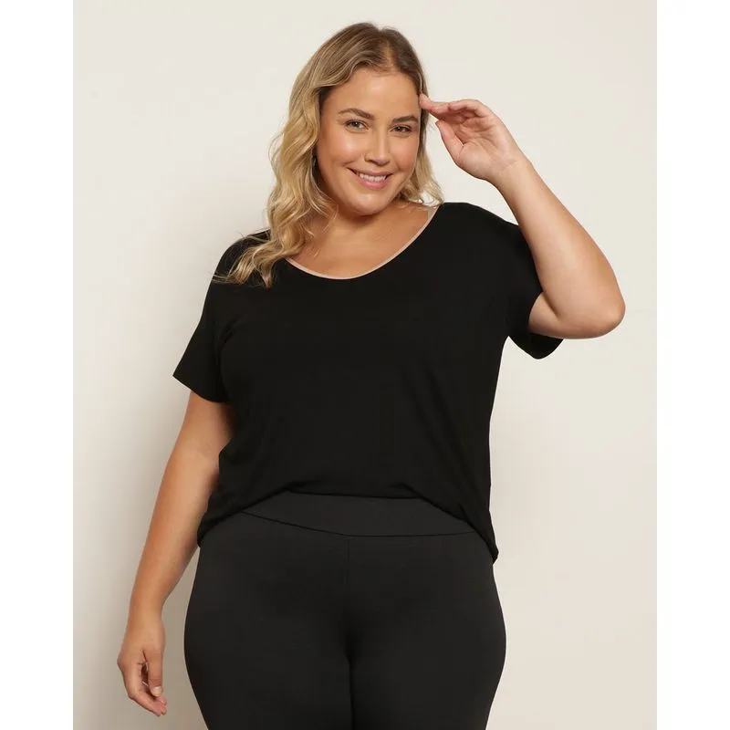 Blusa Plus Size Feminina Manga Curta Com Recortes Preta G1