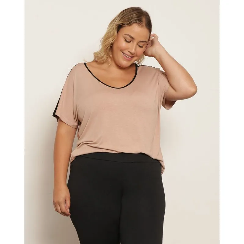 Blusa Plus Size Feminina Manga Curta Com Recortes Bege G3