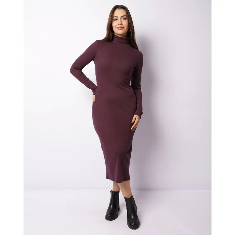 Vestido Feminino Midi Canelado Manga Longa Gola Alta Roxo P