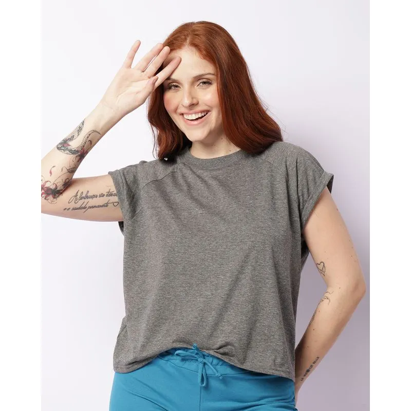 Blusa Feminina Básica Manga Curta Raglan Cinza G