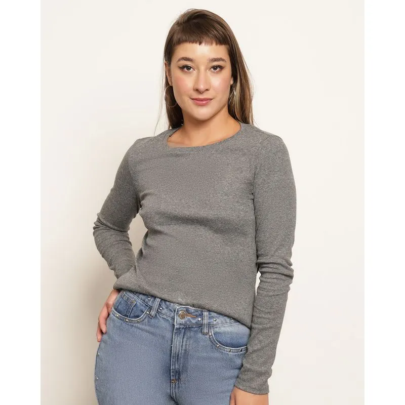 Blusa Feminina Canelada Manga Longa Cinza M