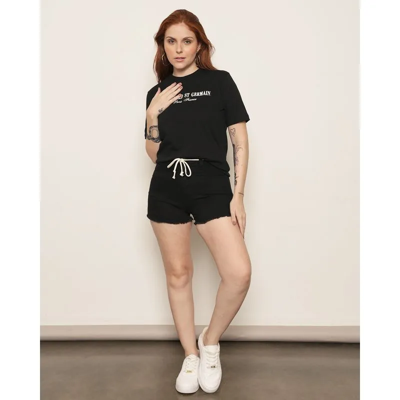 Short Jeans Feminino Curto Barra Desfiada Preto 36