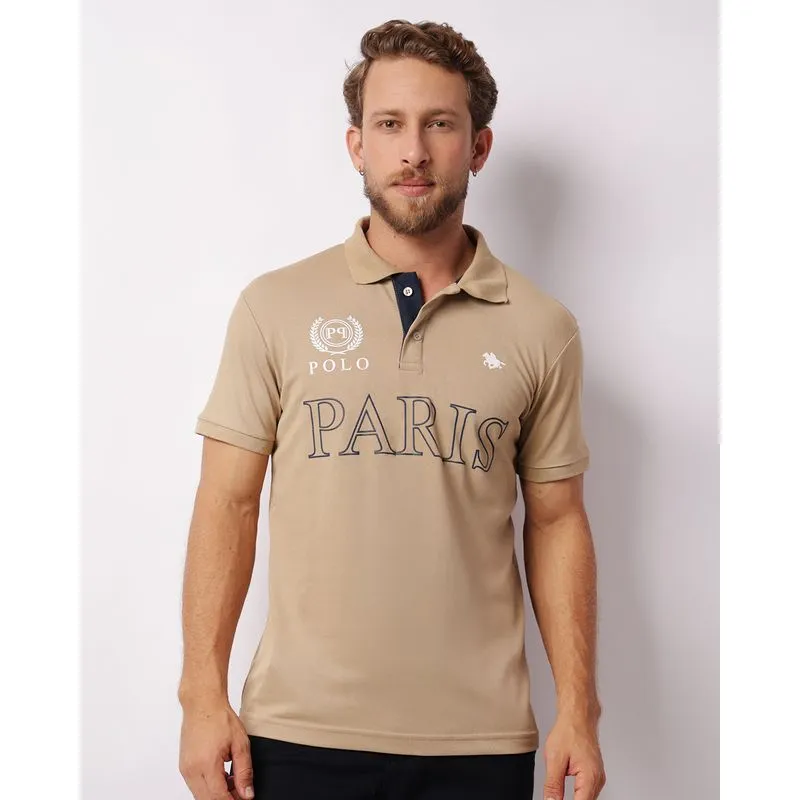 Camisa Polo Masculina Piquet Estampa Manga Curta Bege GG