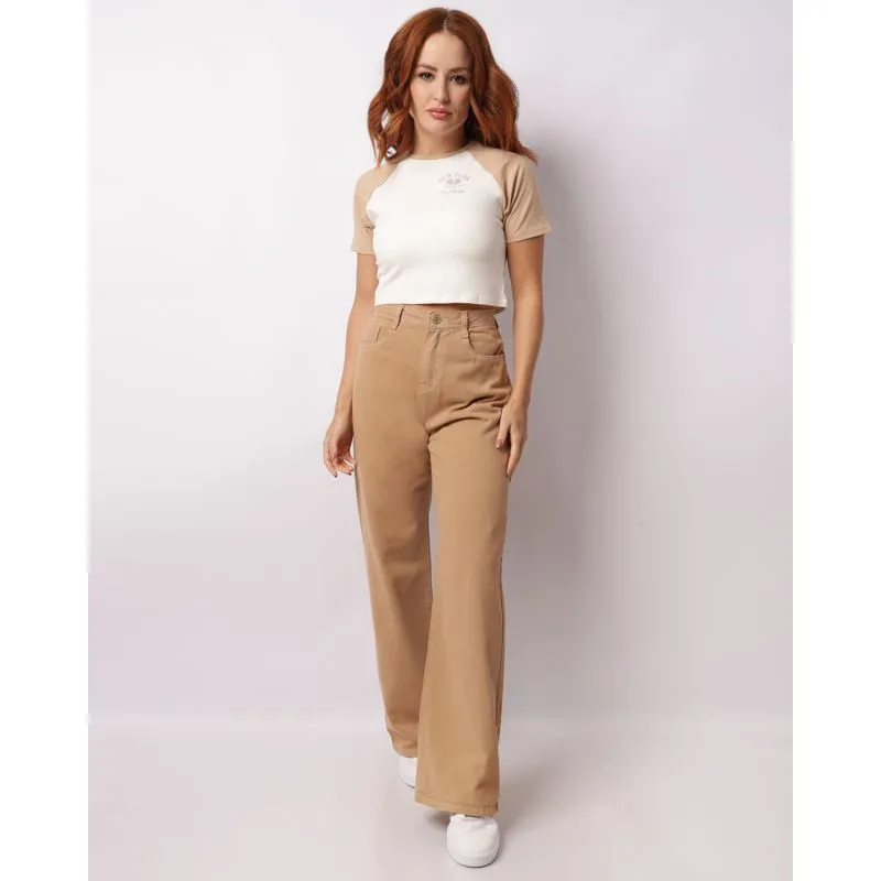 Calça Sarja Feminina Wide Leg Com Bolsos Bege 38