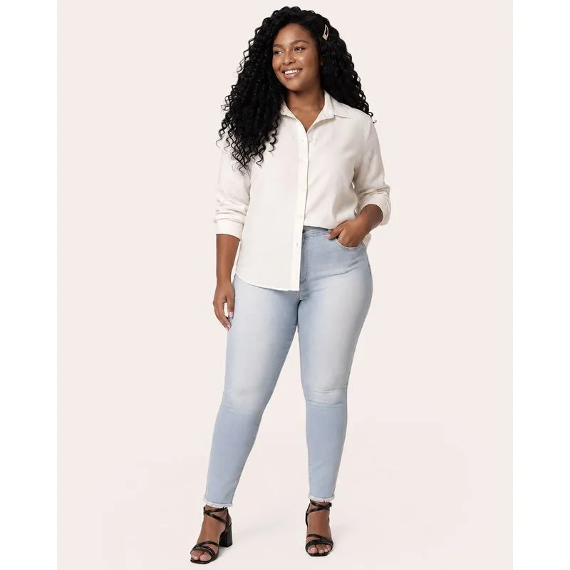 Calça Jeans Plus Size Feminina Cigarrete Barra Desfiada Azul 54