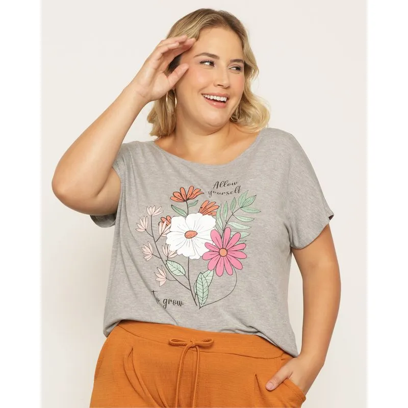 Blusa Plus Size Feminino Estampa Flores Manga Curta Cinza G1