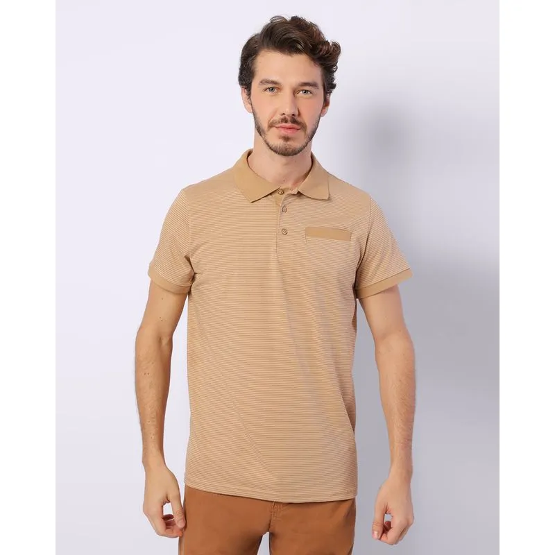Camisa Polo Masculina Listrada Manga Curta Marrom GG