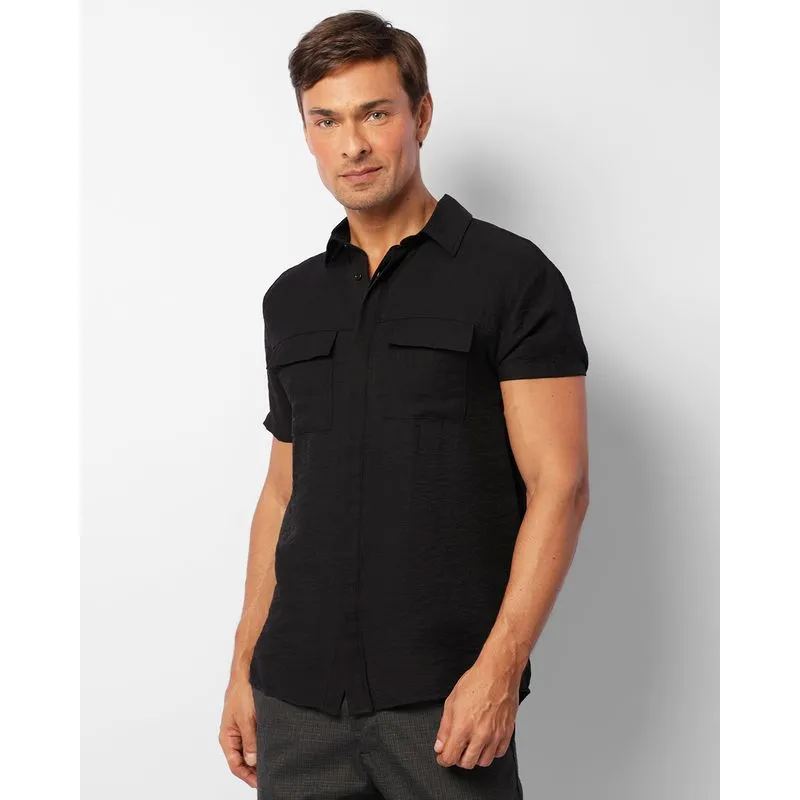 Camisa Masculina Com Bolsos Manga Curta Preta G