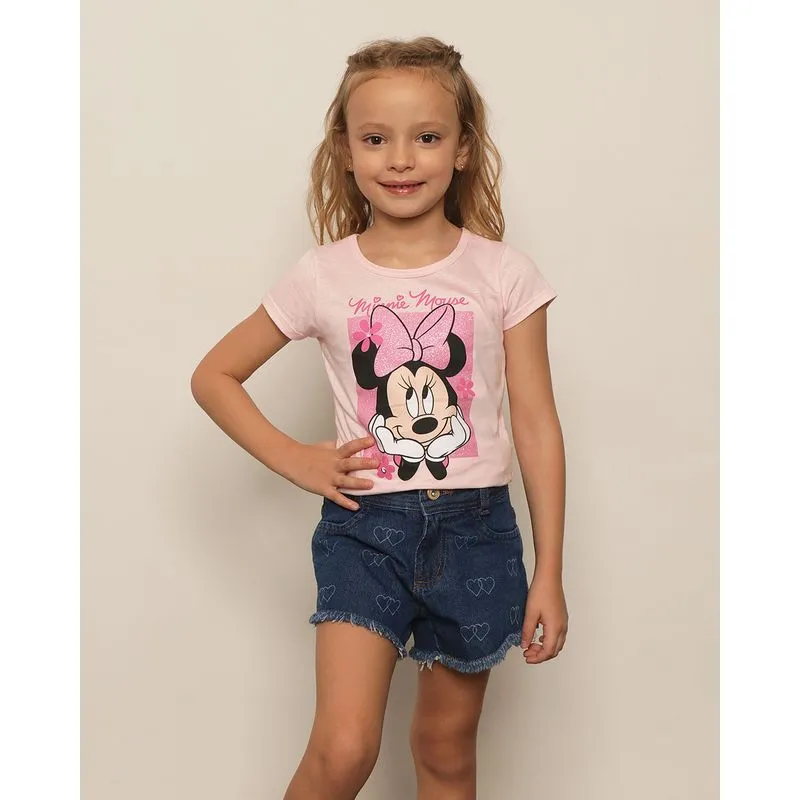 Camiseta Infantil Disney Minnie Com Glítter Manga Curta Rosa 4