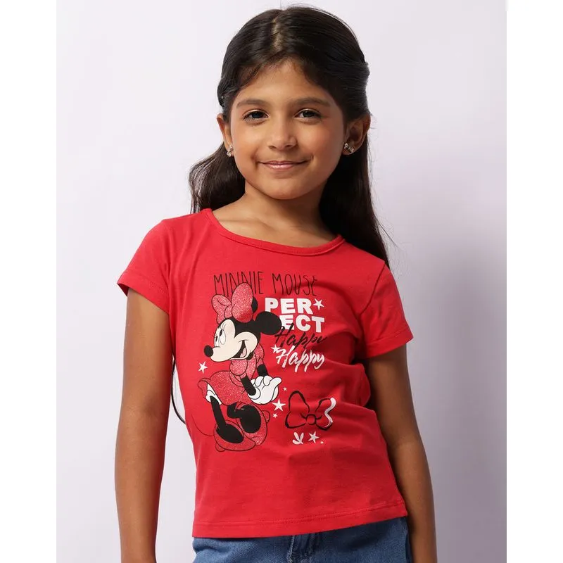 Camiseta Infantil Disney Minnie Com Glitter Manga Curta Vermelha 4