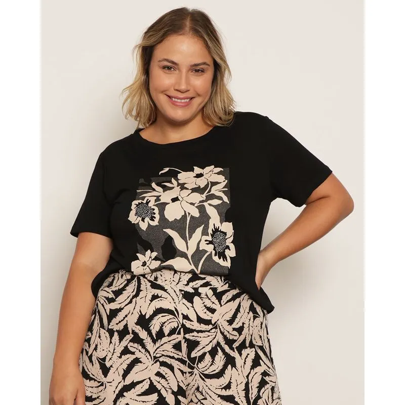 Blusa Plus Size Feminina Manga Curta Estampa Floral Com Strass Preta G2
