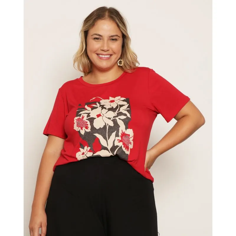 Blusa Plus Size Feminina Manga Curta Estampa Floral Com Strass Vermelha G3