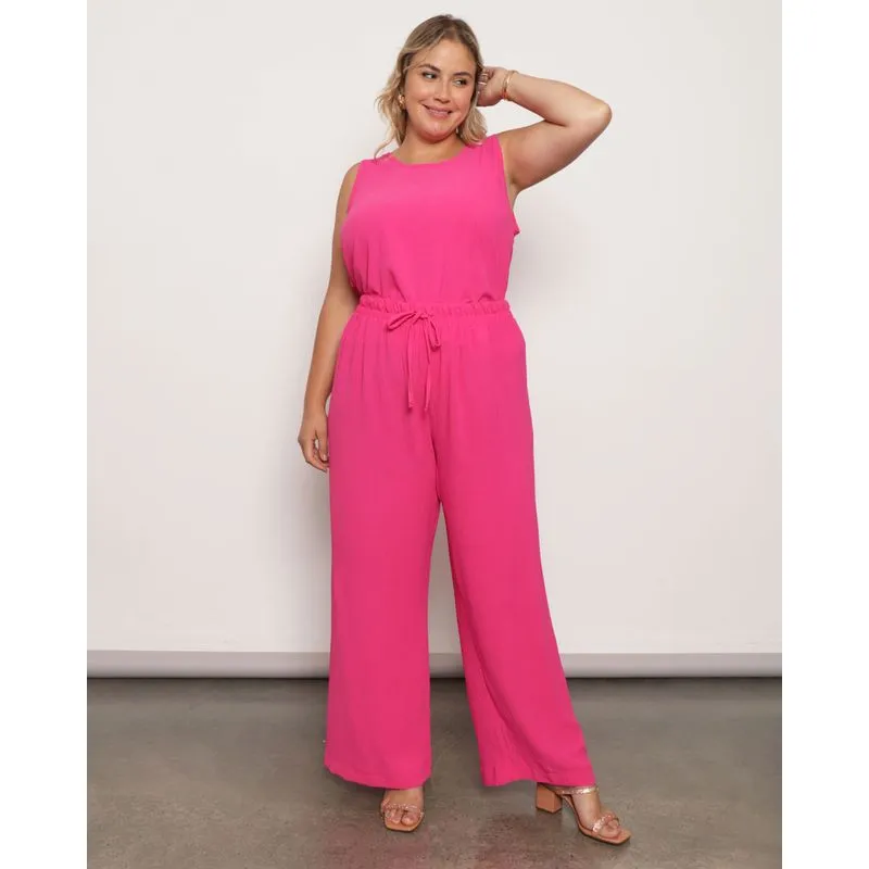 Calça Plus Size Feminina Pantalona Texturizada Com Cordão Rosa G2