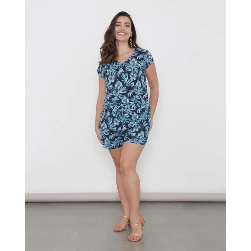 Short Feminino Berry & Co. Curto Estampado Folhagem Azul M