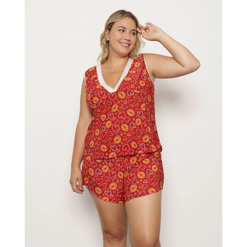 Pijama Plus Size Sem Manga com Renda Estampa Coração Vermelho 52