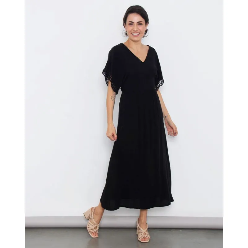 Vestido Feminino Longo Manga Curta Com Renda Preto G