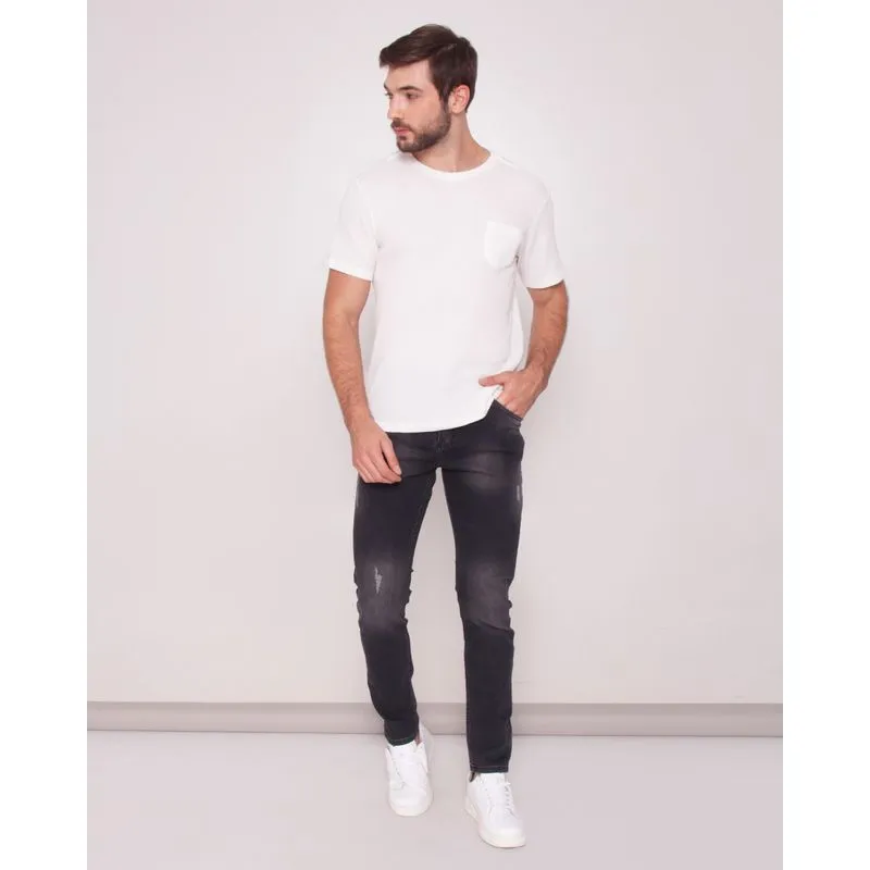 Calça Jeans Masculina Skinny Com Puídos Preta 46