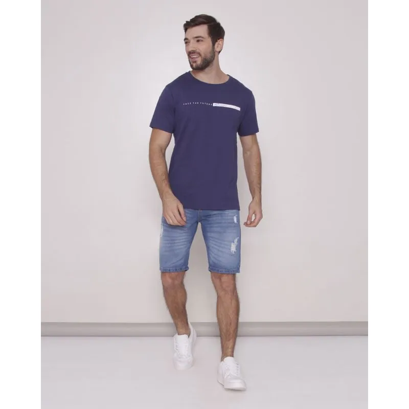 Bermuda Jeans Masculina Reta Com Destroyed Azul 40