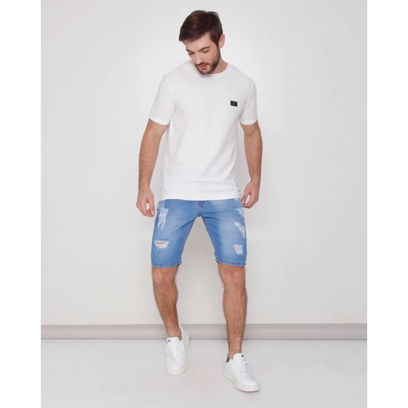 Bermuda Jeans Masculina Com Puídos E Destroyed Azul 40