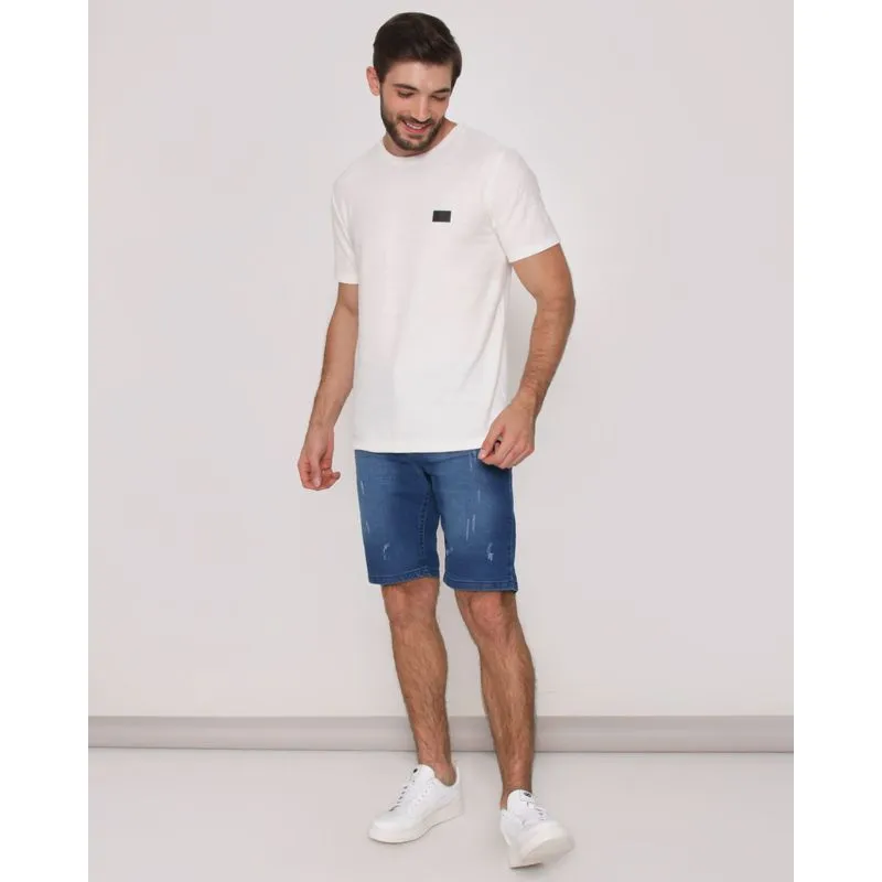Bermuda Jeans Masculina Reta Estonada Com Puídos Azul 48