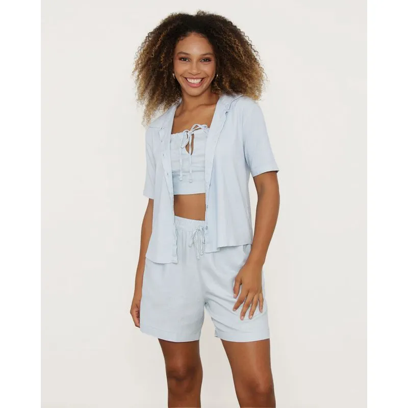 Camisa Feminino Berry & Co. Manga Curta Com Linho Azul M
