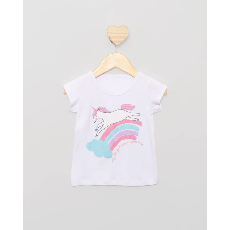 Blusa Bebê Estampa Unicórnio Com Glítter Manga Curta Branca 2