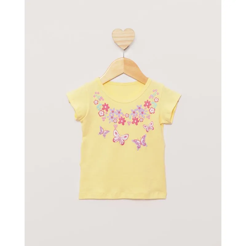 Blusa Bebê Estampa Flores e Borboletas Manga Curta Amarela 2