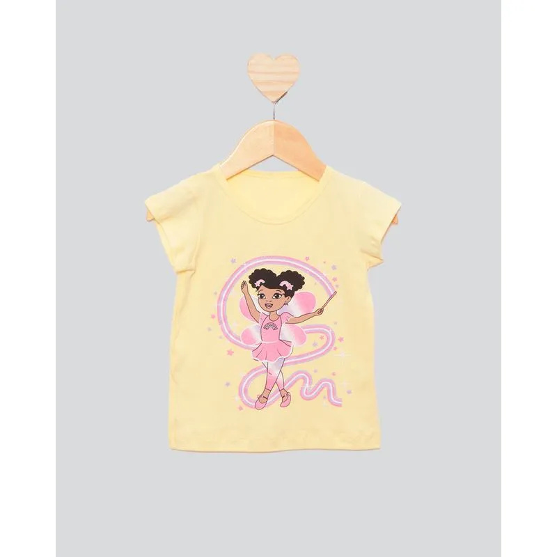 Blusa Bebê Estampa Fadinha Com Glítter Manga Curta Amarela 2