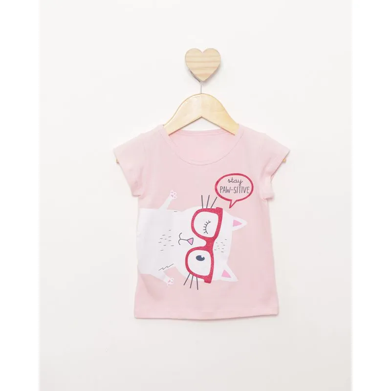 Blusa Bebê Estampa Gatinho Manga Curta Rosa 1