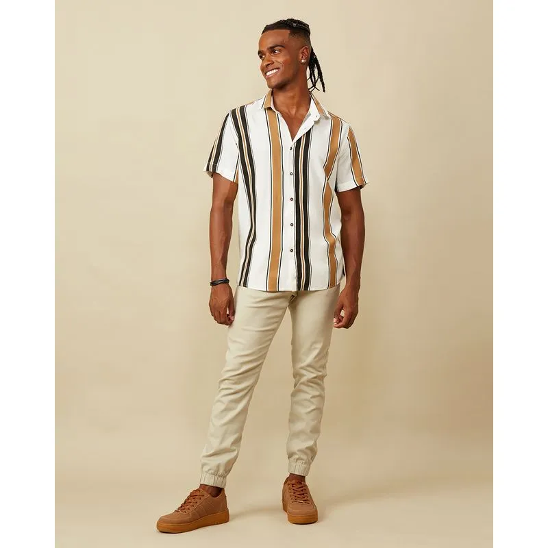 Calça Masculina Sarja Jogger Com Recortes Bege P