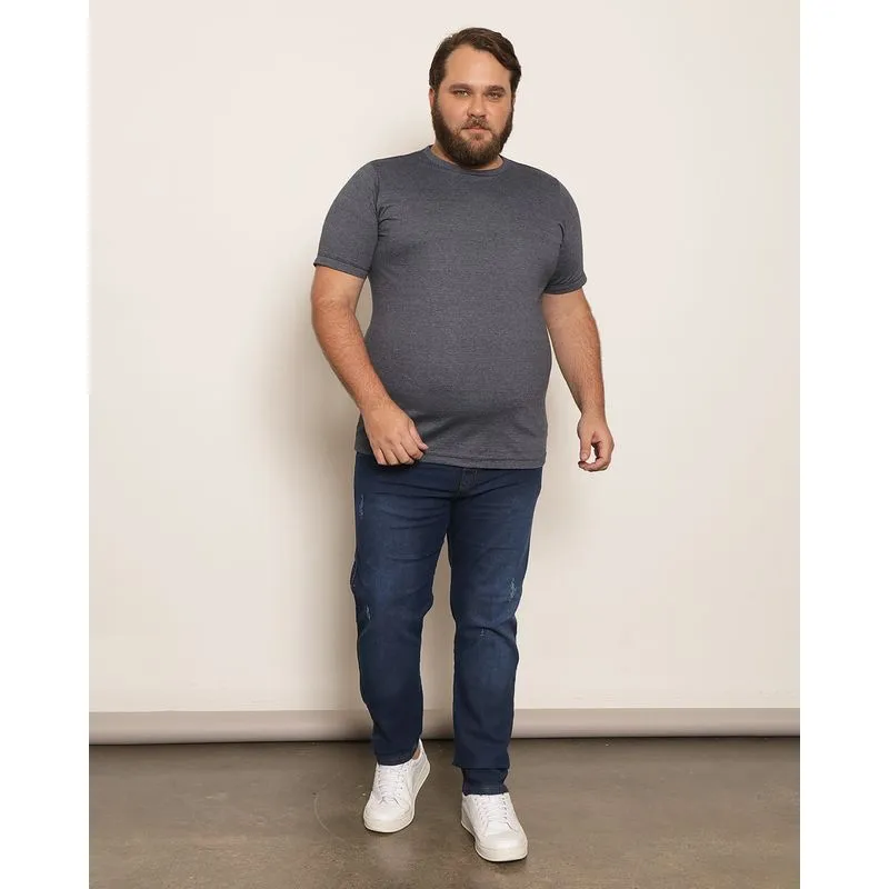 Calça Jeans Plus Size Masculina Slim Com Puídos Azul 50