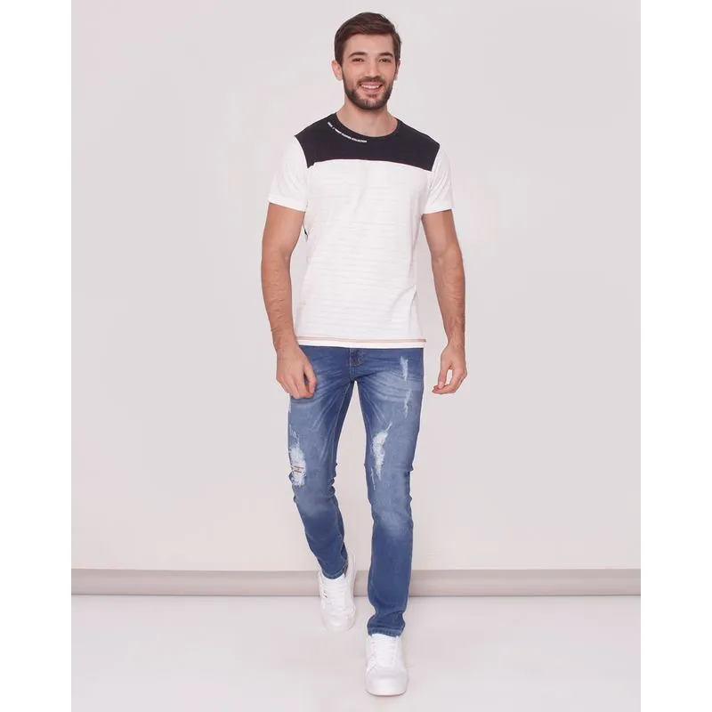 Calça Jeans Masculina Slim Estonada com Destroyed Azul 36