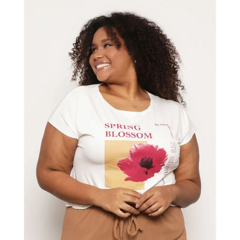 Blusa Plus Size Feminina Manga Curta Estampa Off White G3