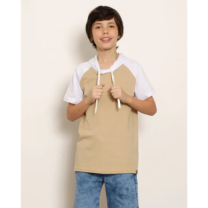 Camiseta Juvenil Manga Curta Raglan com Capuz Bege 16