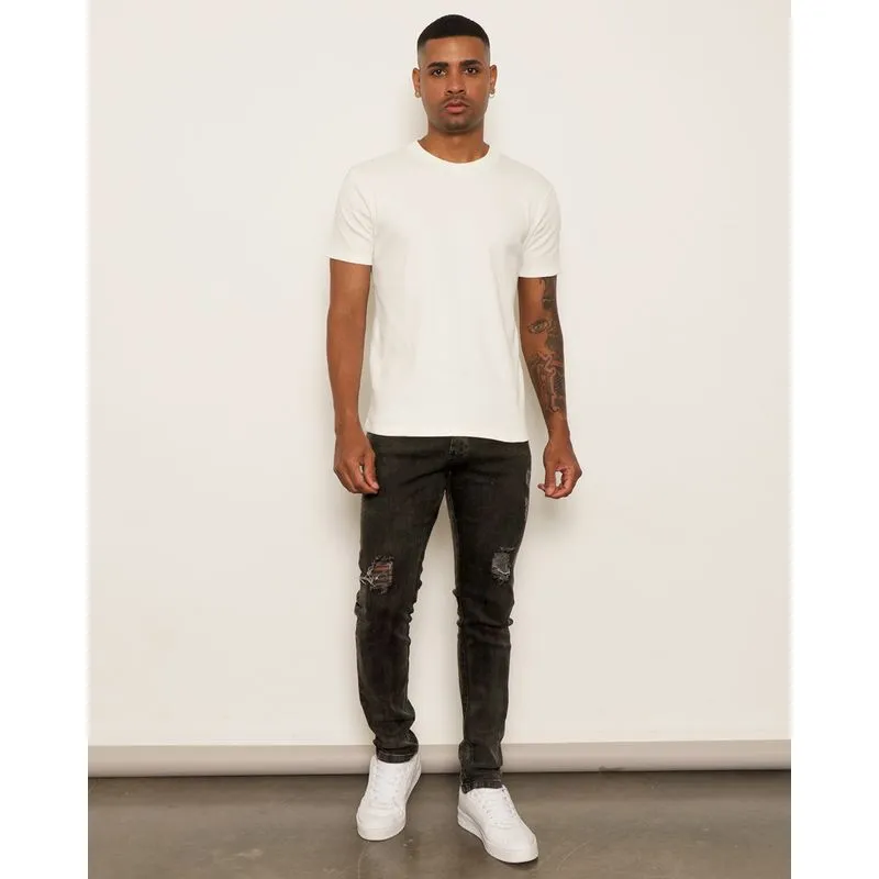 Calça Jeans Masculina Slim Com Puídos Preta 42