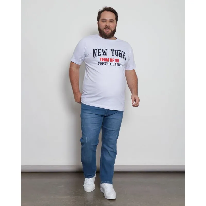 Calça Jeans Plus Size Masculina Slim Com Puídos Azul 50
