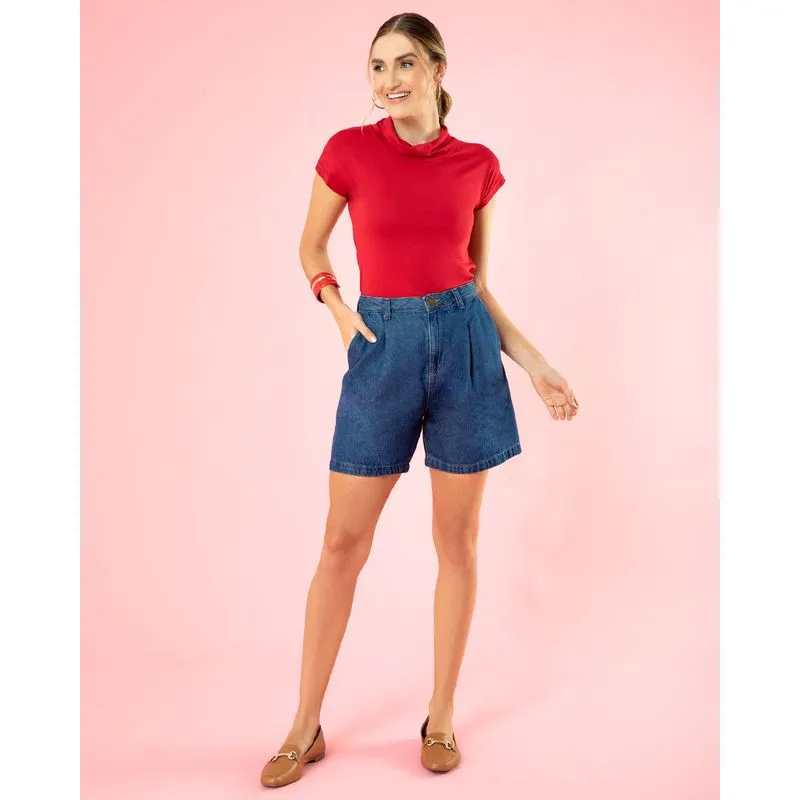 Bermuda Jeans Feminina com Pregas Azul 46